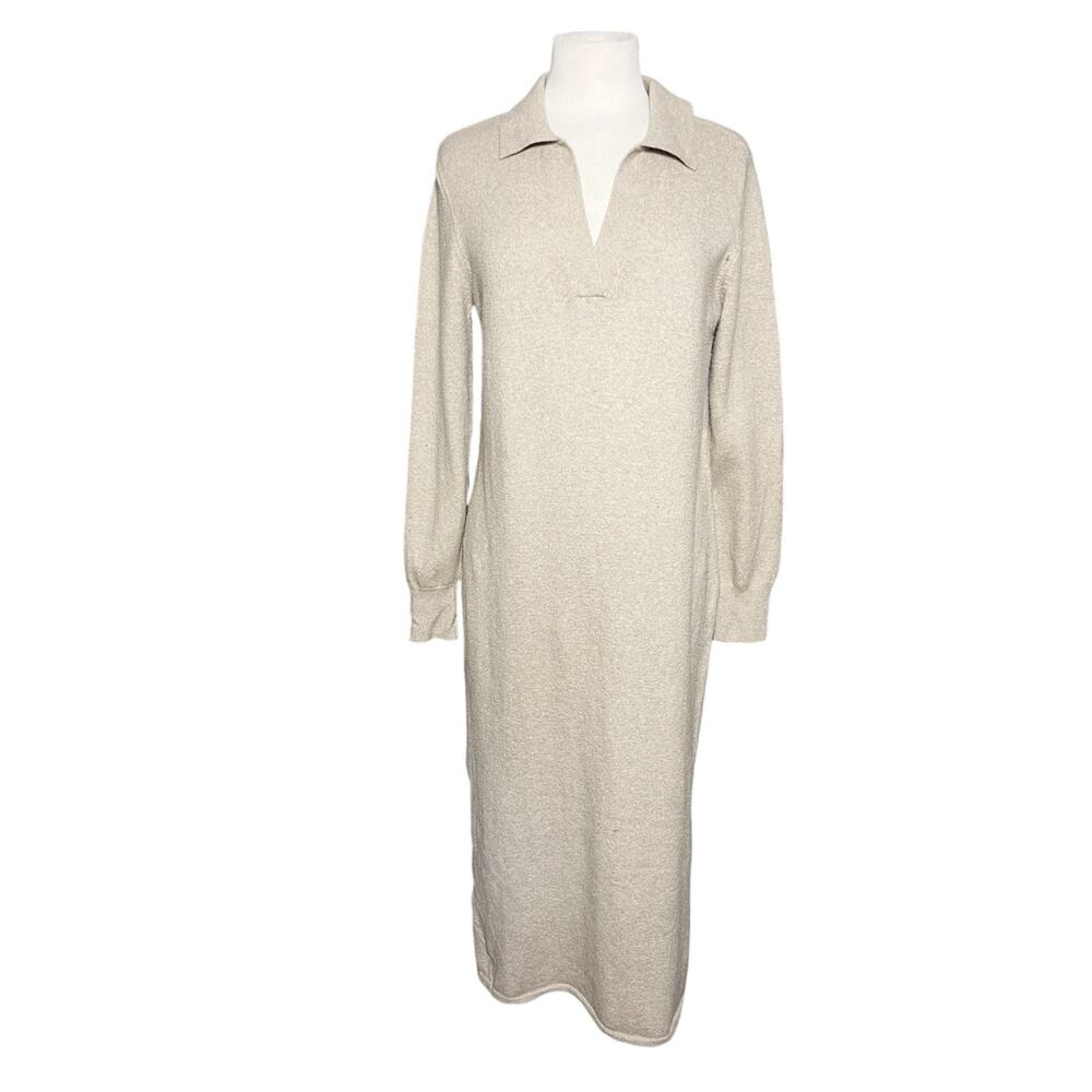 FAHERTY Women’s Tan Vneck Polo Sweater Knit Midi Dress